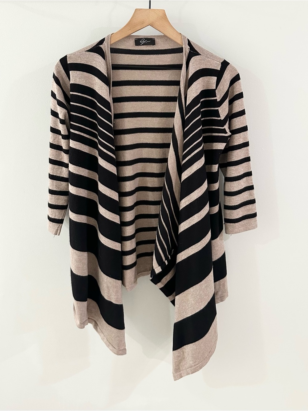 LYN 3/4 Sleeve Open Front Cardigan // Black & Tan Stripe // Large - Picture 2 of 6